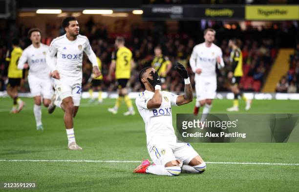 Crysencio Summerville of Leeds United celebrates scoring his team's first goal with Georginio Rutter during the Sky Bet Championship match between...
