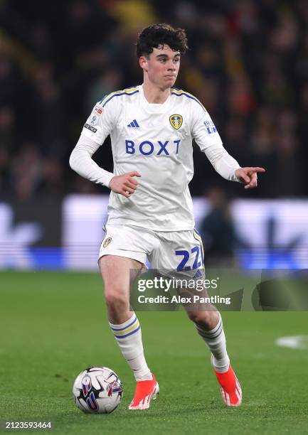 Archie Gray of Leeds United during the Sky Bet Championship match between Watford and Leeds United at Vicarage Road on March 29, 2024 in Watford,...