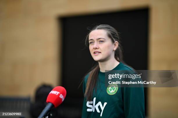 Dublin , Ireland - 1 April 2024; Tyler Toland speaks to media during a Republic of Ireland Women's media day at Castleknock Hotel in Dublin.