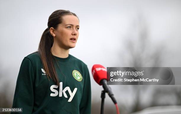 Dublin , Ireland - 1 April 2024; Tyler Toland speaks to media during a Republic of Ireland Women's media day at Castleknock Hotel in Dublin.