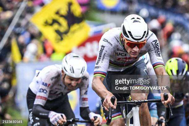 Team Alpecin-Deceuninck Dutch cyclist Mathieu van der Poel rides at the Paterberg hill during the men's Tour of Flanders one day cycling race, a...