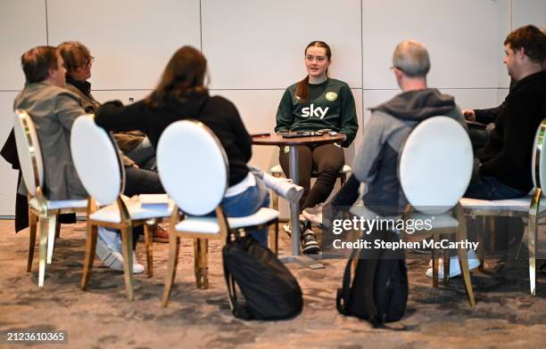 Dublin , Ireland - 1 April 2024; Tyler Toland speaks to media during a Republic of Ireland Women's media day at Castleknock Hotel in Dublin.