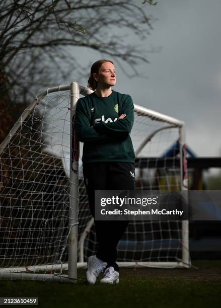 Dublin , Ireland - 1 April 2024; Goalkeeper Courtney Brosnan poses for a portrait during a Republic of Ireland Women's media day at Castleknock Hotel...