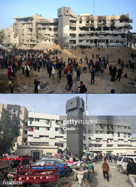 This combination of pictures created on April 1, 2024 shows the damage at Gaza's Al-Shifa hospital after the Israeli military withdrew from the...