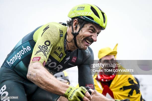 Team Bora-Hansgrohe Austrian rider Marco Haller rides at the Paterberg hill during the men's Tour of Flanders one day cycling race, a 270,8km classic...