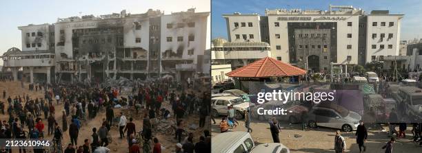 This combination of pictures created on April 1, 2024 shows the damage at Gaza's Al-Shifa hospital after the Israeli military withdrew from the...