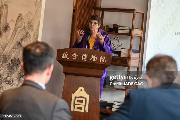 Yannick Lintz, president of the Guimet Museum, speaks during a press conference on "The Forbidden City and the Palace of Versailles" exhibition,...