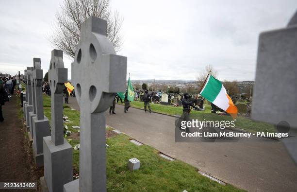 Colour party arrive at the City Cemetery in Londonderry, after their Easter Monday parade through the Creggan area of Londonderry, commemorating the...