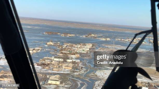 An aerial view of flooded areas after melting snow causes floods, blocking transportation in 49 villages in Kazakhstan on April 01, 2024. Over 13...