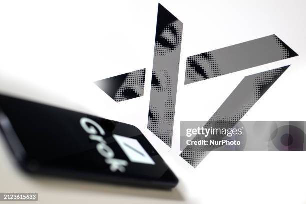 The Grok logo is being displayed on a smartphone with Xai visible in the background in this photo illustration in Brussels, Belgium, on April 1, 2024.