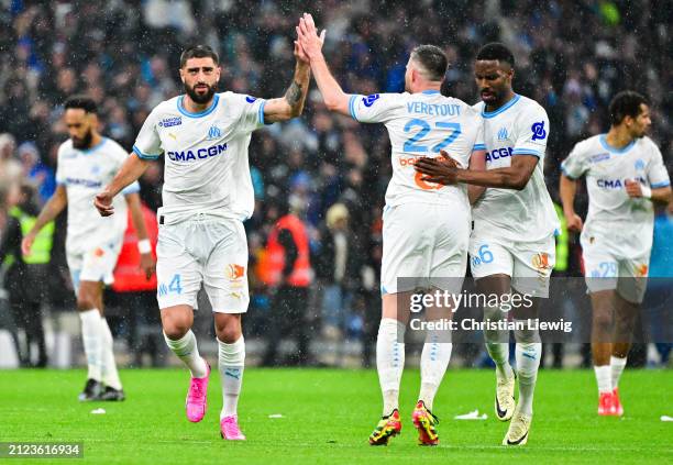 Samuel Gigot and Jordan veretout celebrate of OM in action during the Ligue 1 Uber Eats match between Olympique de Marseille and Paris Saint-Germain...