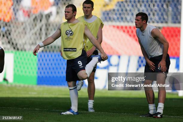 June 10: Wayne Rooney of England warms up before the FIFA World Cup Finals 2006 Group B match between England and Paraguay at Waldstadion on June 10,...