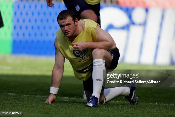 June 10: Wayne Rooney of England warms up before the FIFA World Cup Finals 2006 Group B match between England and Paraguay at Waldstadion on June 10,...