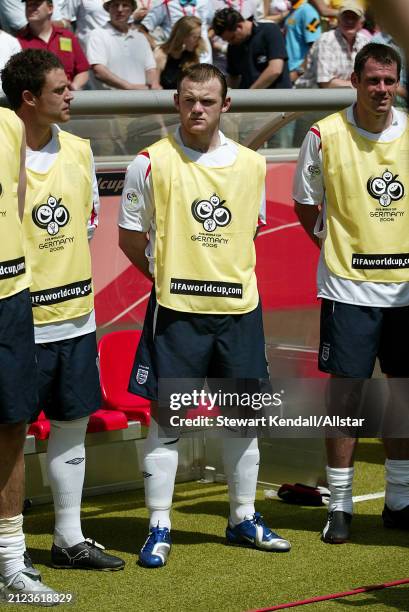June 10: Wayne Bridge, Wayne Rooney and Jamie Carragher of England on Bench before the FIFA World Cup Finals 2006 Group B match between England and...