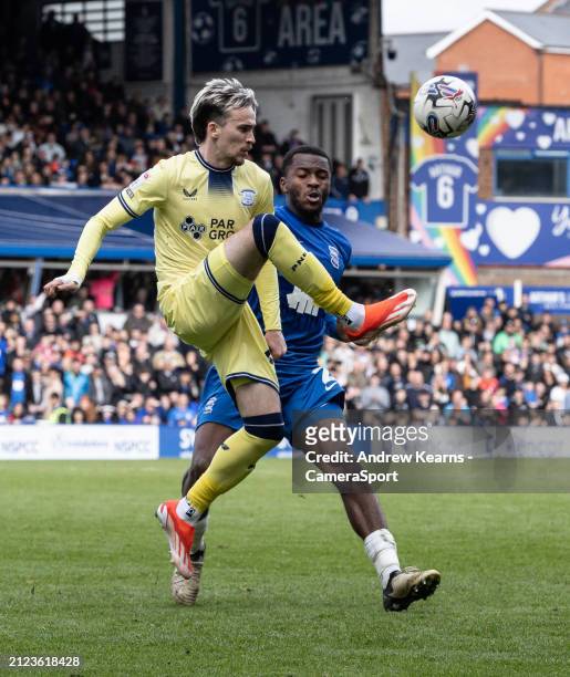 Preston North End's Liam Millar competing with Birmingham City's Ethan Laird during the Sky Bet Championship match between Birmingham City and...