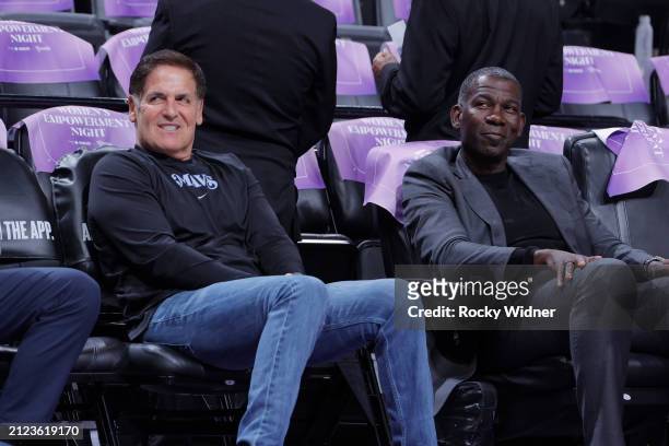 Owner Mark Cuban and Vice President of Basketball Operations Michael Finley of the Dallas Mavericks attend the game against the Sacramento Kings on...