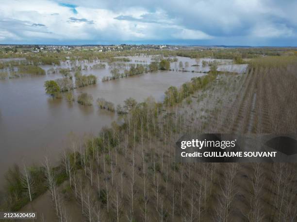 This aerial photograph taken on April 1 shows flooded fields during the overflowing of the Vienne River, in Chinon, western France. More than a...