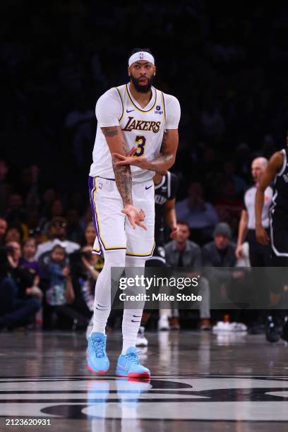 Anthony Davis of the Los Angeles Lakers in action against the Brooklyn Nets at Barclays Center on March 31, 2024 in New York City. NOTE TO USER: User...