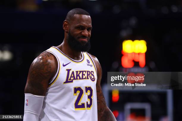 LeBron James of the Los Angeles Lakers in action against the Brooklyn Nets at Barclays Center on March 31, 2024 in New York City. NOTE TO USER: User...