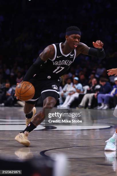 Dennis Schroder of the Brooklyn Nets in action against the Los Angeles Lakers at Barclays Center on March 31, 2024 in New York City. NOTE TO USER:...