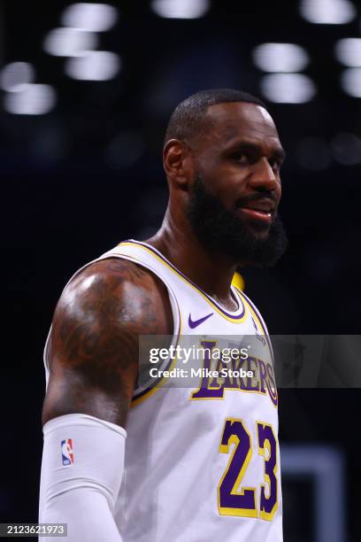 LeBron James of the Los Angeles Lakers in action against the Brooklyn Nets at Barclays Center on March 31, 2024 in New York City. NOTE TO USER: User...