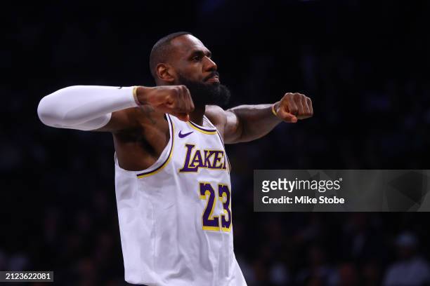 LeBron James of the Los Angeles Lakers in action against the Brooklyn Nets at Barclays Center on March 31, 2024 in New York City. NOTE TO USER: User...