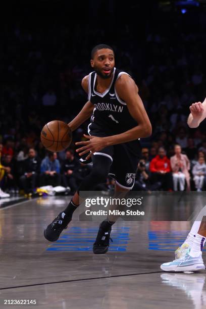 Mikal Bridges of the Brooklyn Nets in action against the Los Angeles Lakers at Barclays Center on March 31, 2024 in New York City. NOTE TO USER: User...