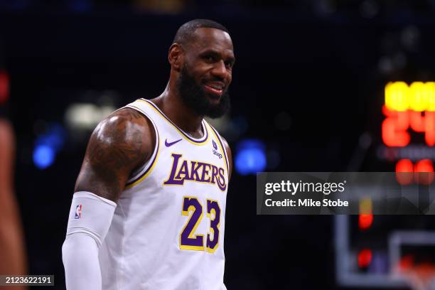 LeBron James of the Los Angeles Lakers in action against the Brooklyn Nets at Barclays Center on March 31, 2024 in New York City. NOTE TO USER: User...