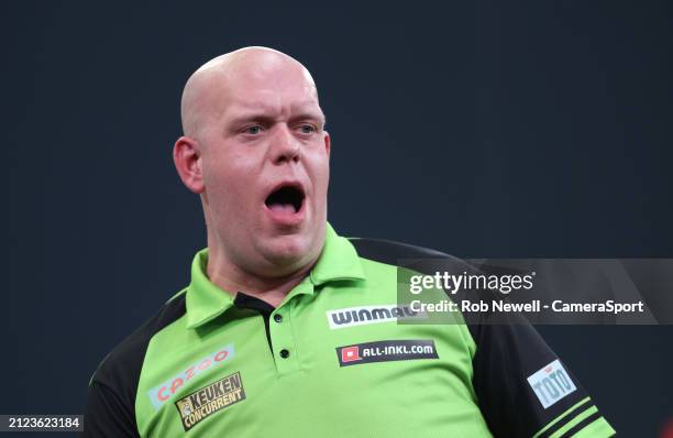 Michael van Gerwen during his PDC 2024 Cazoo Masters Final match against Stephen Bunting at Marshall Arena on February 4, 2024 in Milton Keynes,...