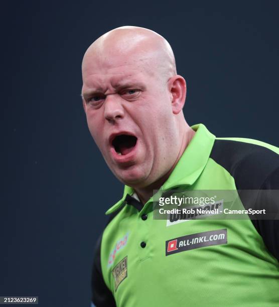 Michael van Gerwen during his PDC 2024 Cazoo Masters Final match against Stephen Bunting at Marshall Arena on February 4, 2024 in Milton Keynes,...