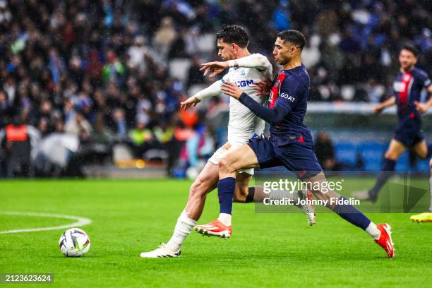 Leonardo BALERDI of Marseille and Achraf HAKIMI of PSG during the Ligue 1 Uber Eats match between Marseille and Paris Saint-Germain at Oragne...