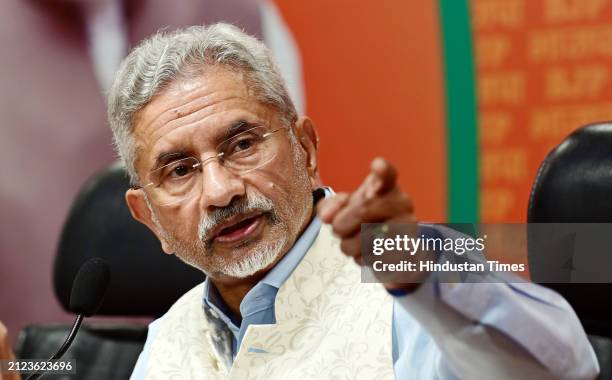 Union Minister S. Jaishankar addresses a press conference at BJP HQ, DDU Marg, on April 1, 2024 in New Delhi, India. External Affairs Minister S....