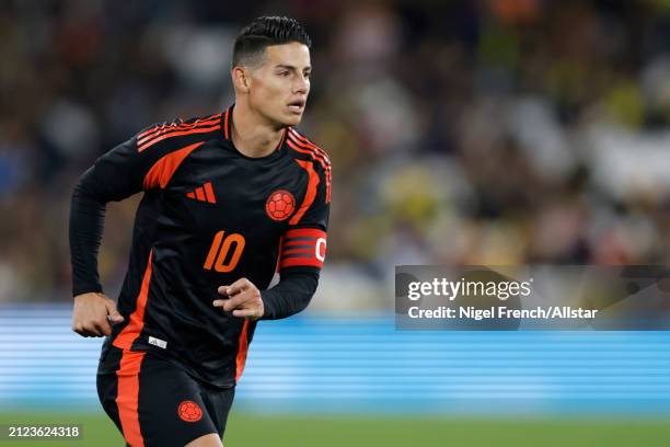 James Rodriguez of Colombia running during the international friendly match between Spain and Colombia at London Stadium on March 22, 2024 in London,...