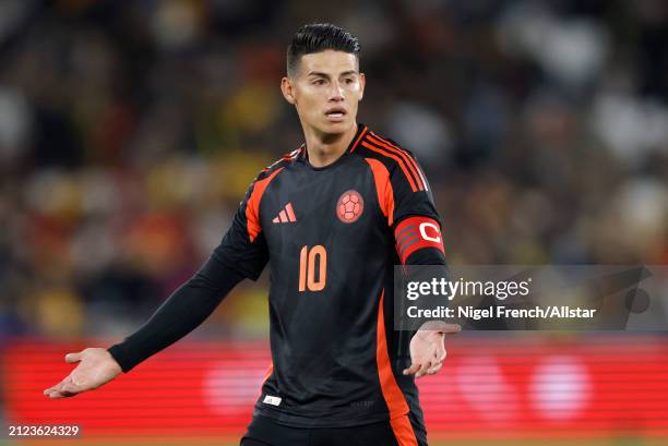 James Rodriguez of Colombia pointing during the international friendly match between Spain and Colombia at London Stadium on March 22, 2024 in...