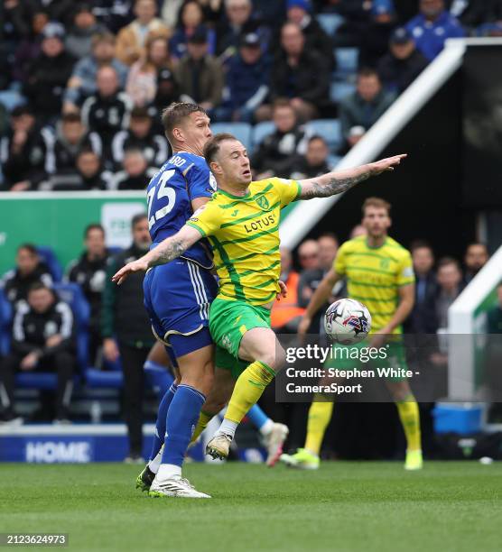 Norwich City's Ashley Barnes shields the ball from Leicester City's Jannik Vestergaard during the Sky Bet Championship match between Leicester City...