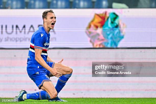 Manuel De Luca of Sampdoria celebrates after scoring his second goal during the Serie B match between UC Sampdoria and Ternana at Stadio Luigi...