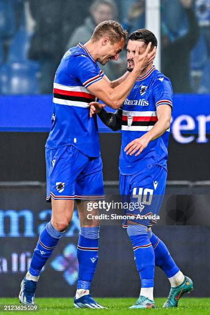 Petar Stojanovic of Sampdoria celebrates with his team-mate Manuel De Luca after scoring a goal during the Serie B match between UC Sampdoria and...