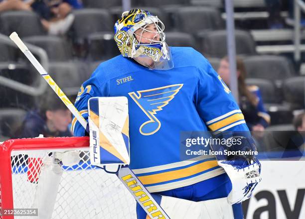 St. Louis Blues goaltender Joel Hofer as seen during an NHL game between the San Jose Sharks and the St. Louis Blues, on March 30 at Enterprise...