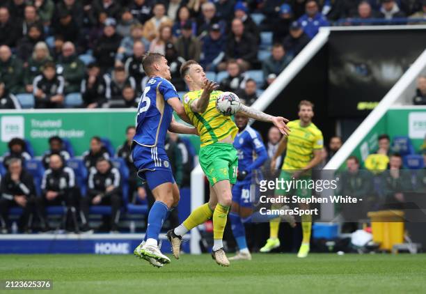 Norwich City's Ashley Barnes shields the ball from Leicester City's Jannik Vestergaard during the Sky Bet Championship match between Leicester City...