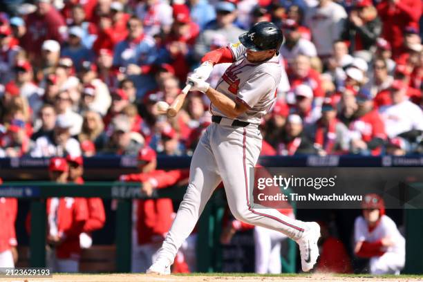 Matt Olson of the Atlanta Braves hits a foul ball during the first inning against the Philadelphia Phillies at Citizens Bank Park on March 29, 2024...