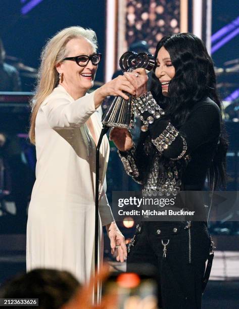 Meryl Streep and Cher at the 2024 iHeartRadio Music Awards held at the Dolby Theatre on April 1, 2024 in Los Angeles, California.