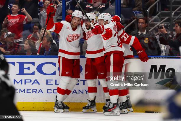 David Perron of the Detroit Red Wings celebrates a goal against the Tampa Bay Lightning at Amalie Arena on April 1, 2024 in Tampa, Florida.