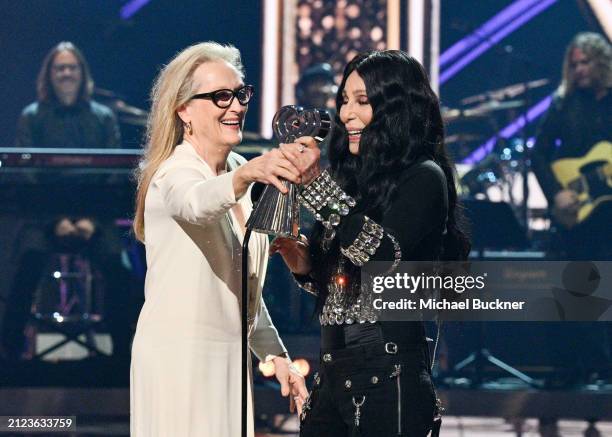 Meryl Streep and Cher at the 2024 iHeartRadio Music Awards held at the Dolby Theatre on April 1, 2024 in Los Angeles, California.