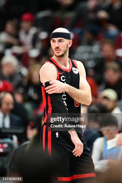 Alex Caruso of the Chicago Bulls looks on during the game against the Chicago Bulls on April 1, 2024 at United Center in Chicago, Illinois. NOTE TO...