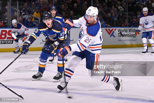 Darnell Nurse of the Edmonton Oilers takes a shot against the St. Louis Blues on April 1, 2024 at the Enterprise Center in St. Louis, Missouri.