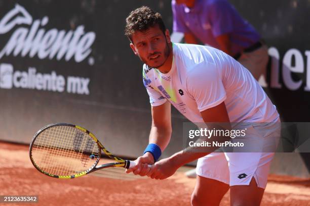 Alessandro Giannessi is playing in the singles match against Vasek Pospisil from Canada as part of the Mexico City Open 2024 at the Chapultepec...