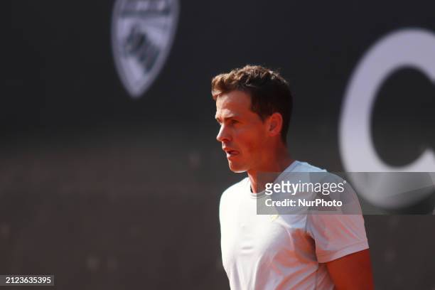 Vasek Pospisil is playing in a singles match against Alessandro Giannessi of Italy as part of the Mexico City Open 2024 at the Chapultepec Sports...