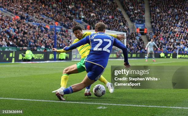 Norwich City's Gabriel Sara defends against Leicester City's Kiernan Dewsbury-Hall during the Sky Bet Championship match between Leicester City and...