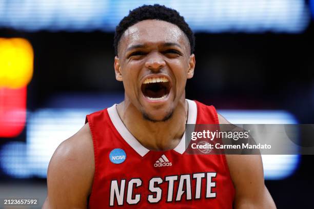 Casey Morsell of the North Carolina State Wolfpack reacts against the Marquette Golden Eagles during the first half in the Sweet 16 round of the NCAA...