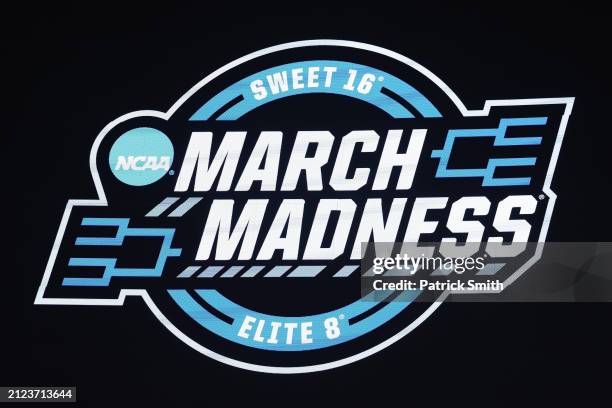 General view of the March Madness logo during a game between the Marquette Golden Eagles and the North Carolina State Wolfpack in the Sweet 16 round...